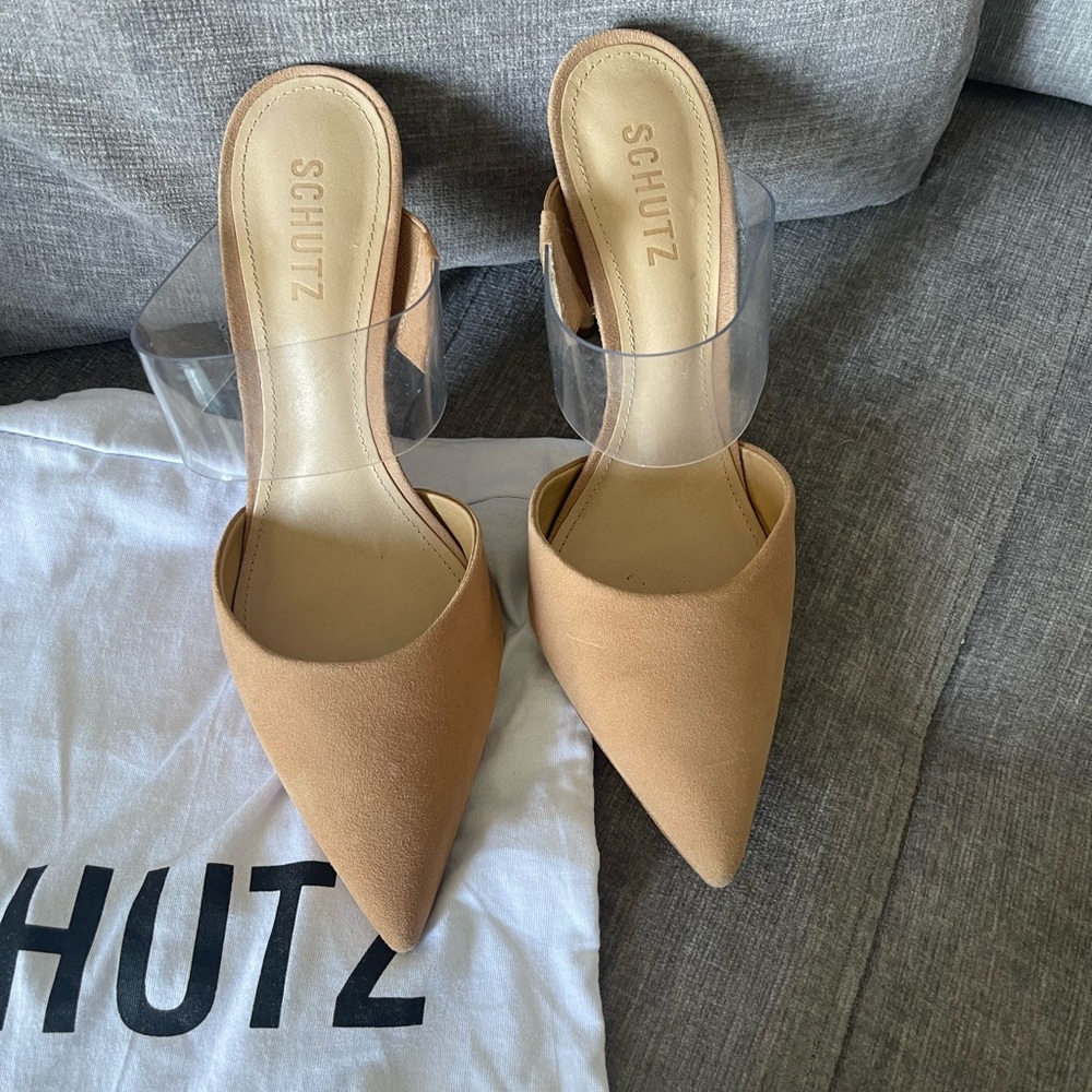 SCHUTZ Beige Mules Suade pumps sandals with clear Strap size 8 - Picture 1 of 9
